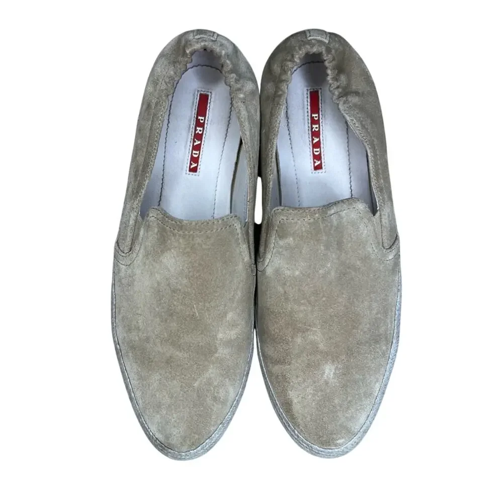 PRADA Saint Tropez Espadrille Slip On Platform Sneakers Tan Suede Size 7.5